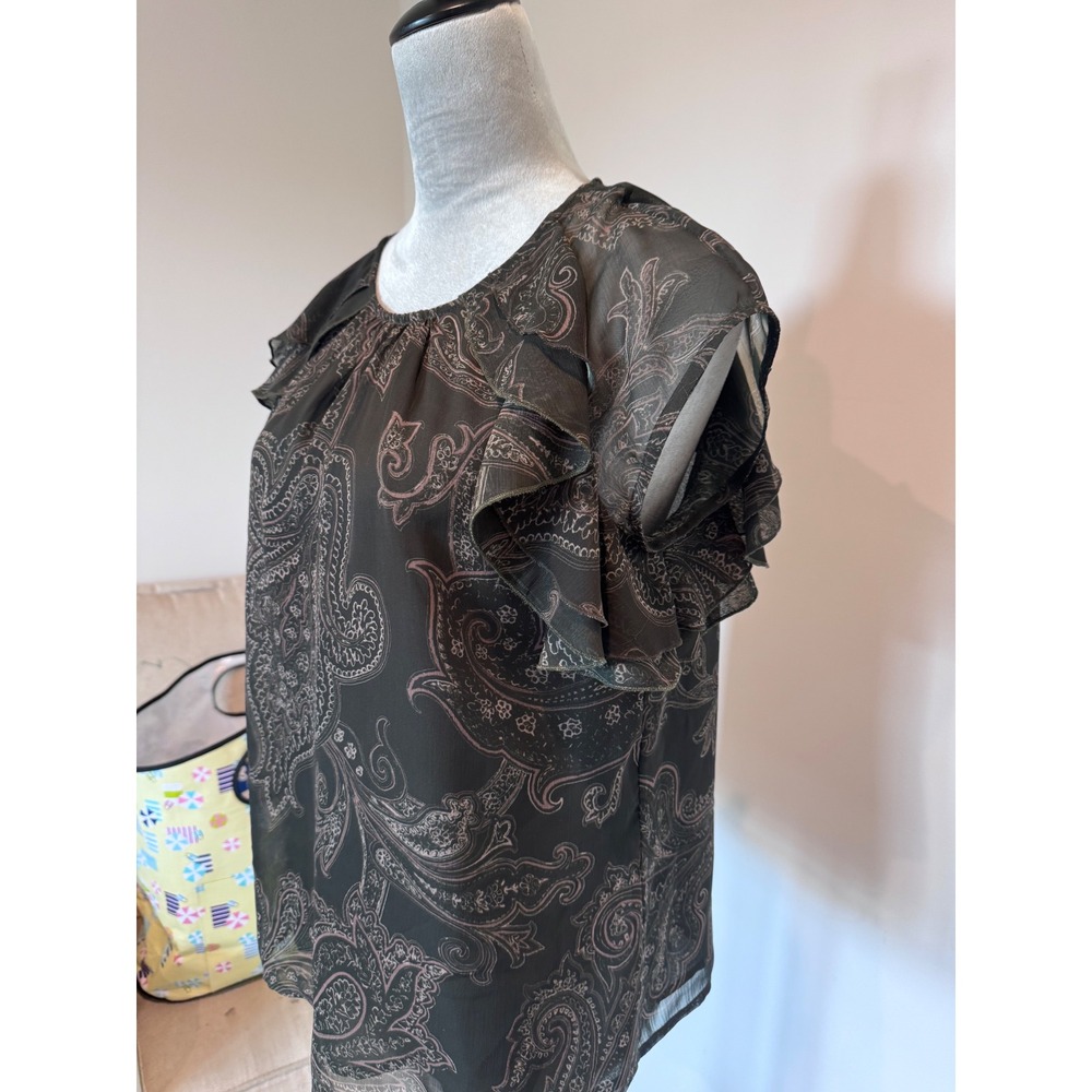 W by Worth Women Dark Olive Paisley Ruffle Flutter Sleeve Blouse Size 8 - Picture 2 of 4